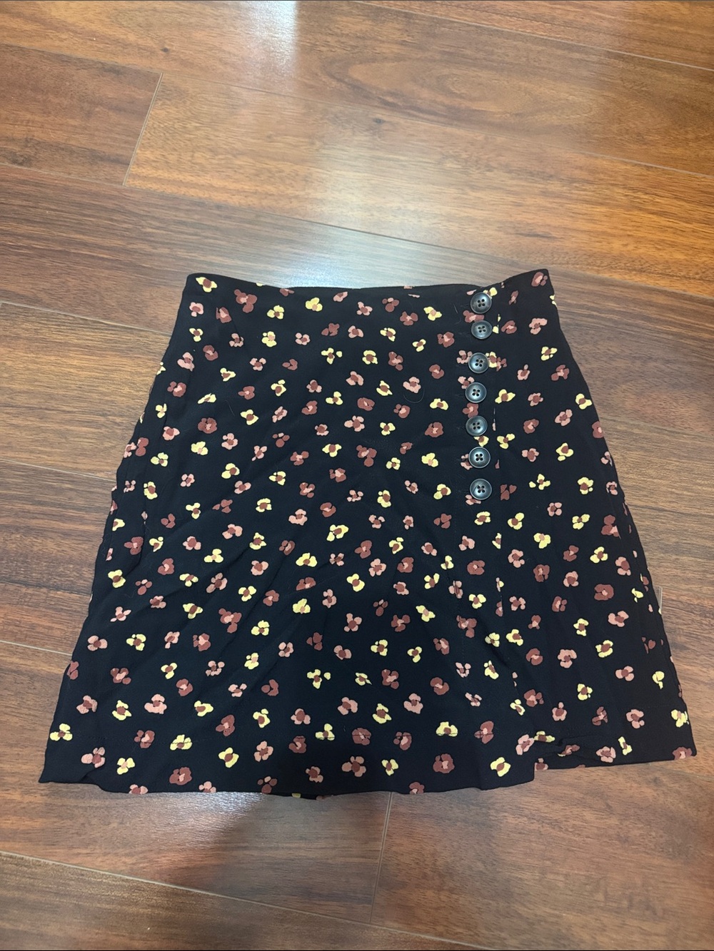 Madewell Black Mini Skirt with Pink and Yellow Floral Print and Button Accent 00